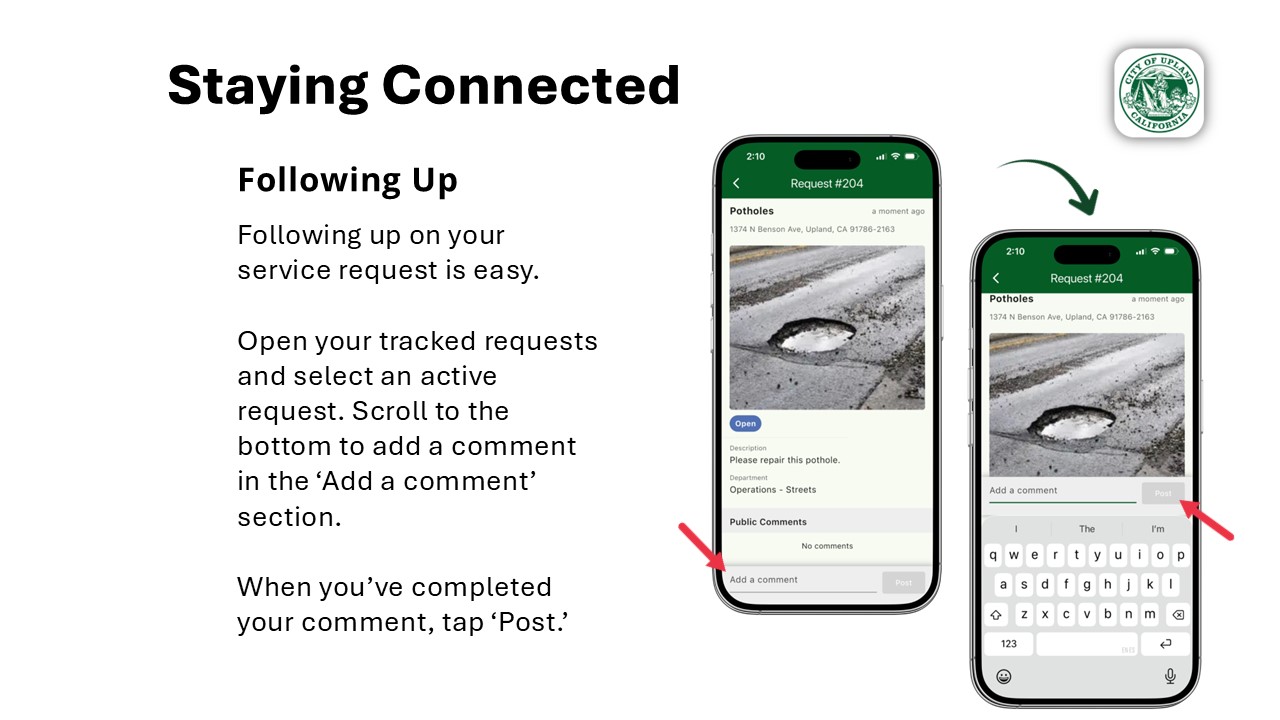 Instructions for following up on a service request by adding comments within the tracked request details screen